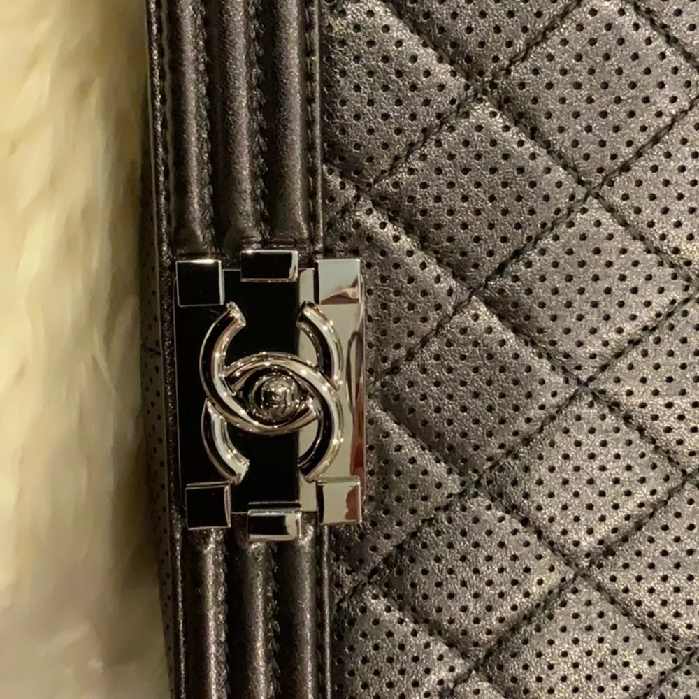 CHANEL Metallic Gray Quilted Boy Bag with Chain Strap